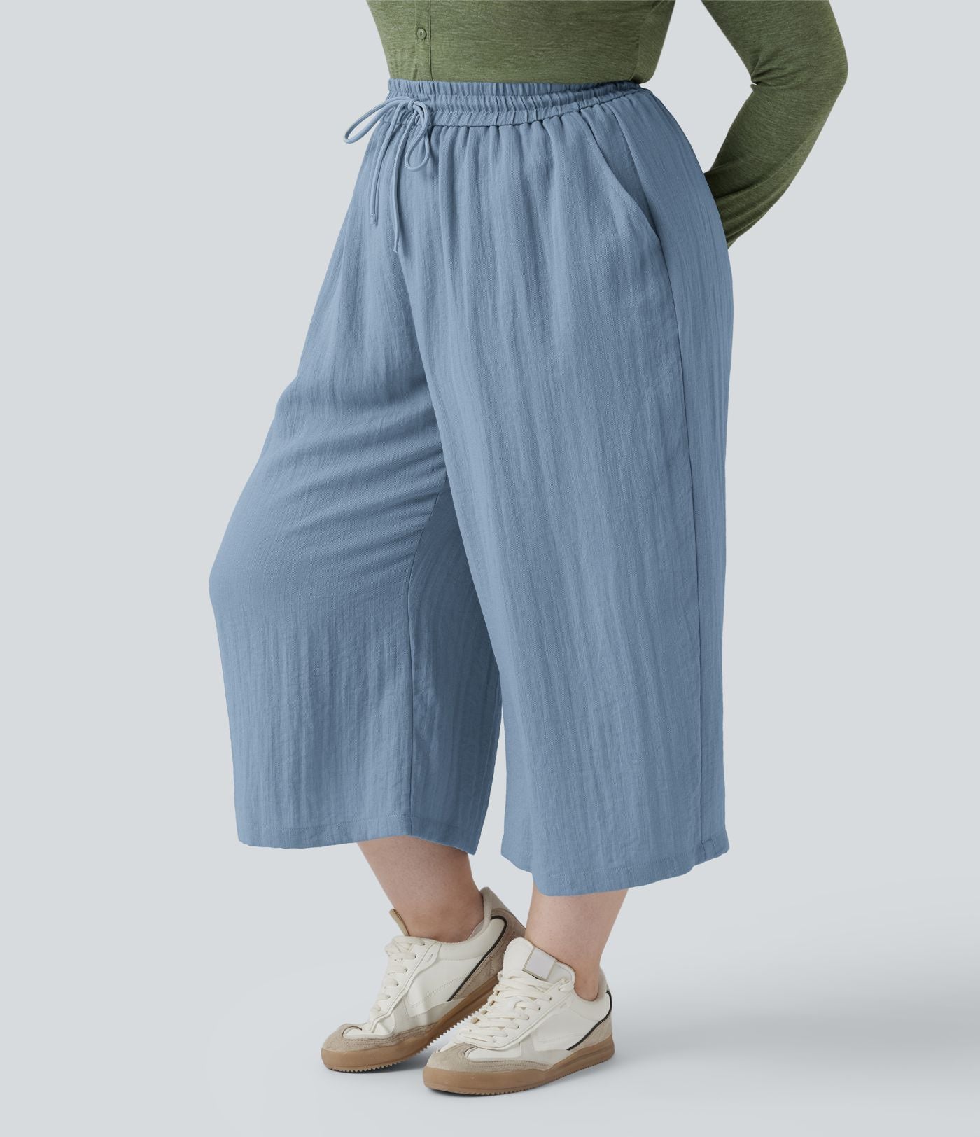 Pantalon grande taille large fluide taille haute avec cordon de serrage, poches et aspect lin
