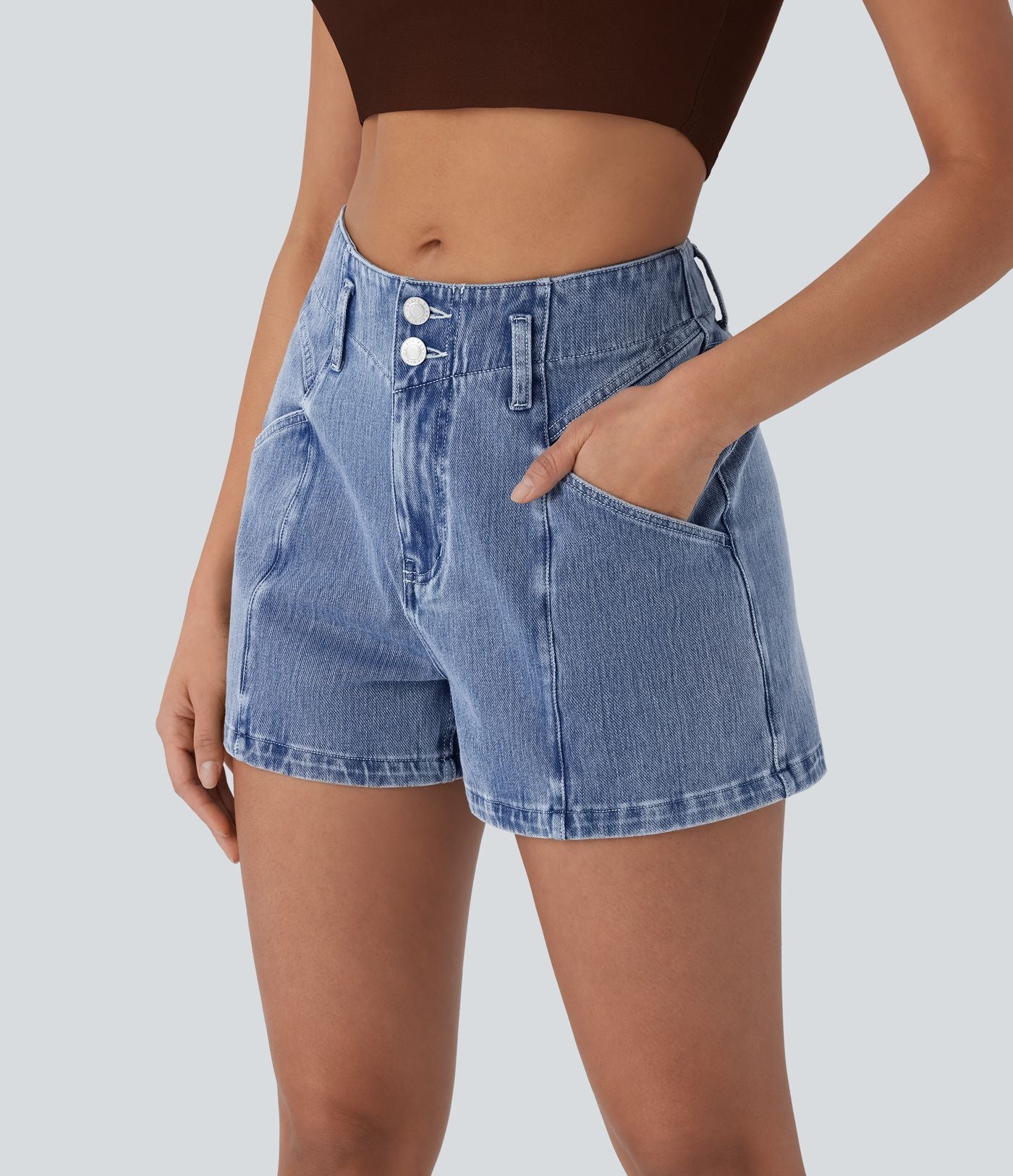 Short en denim extensible Halara Flex™ à taille moyenne avec bouton, fermeture éclair et poches latérales 7,5 cm