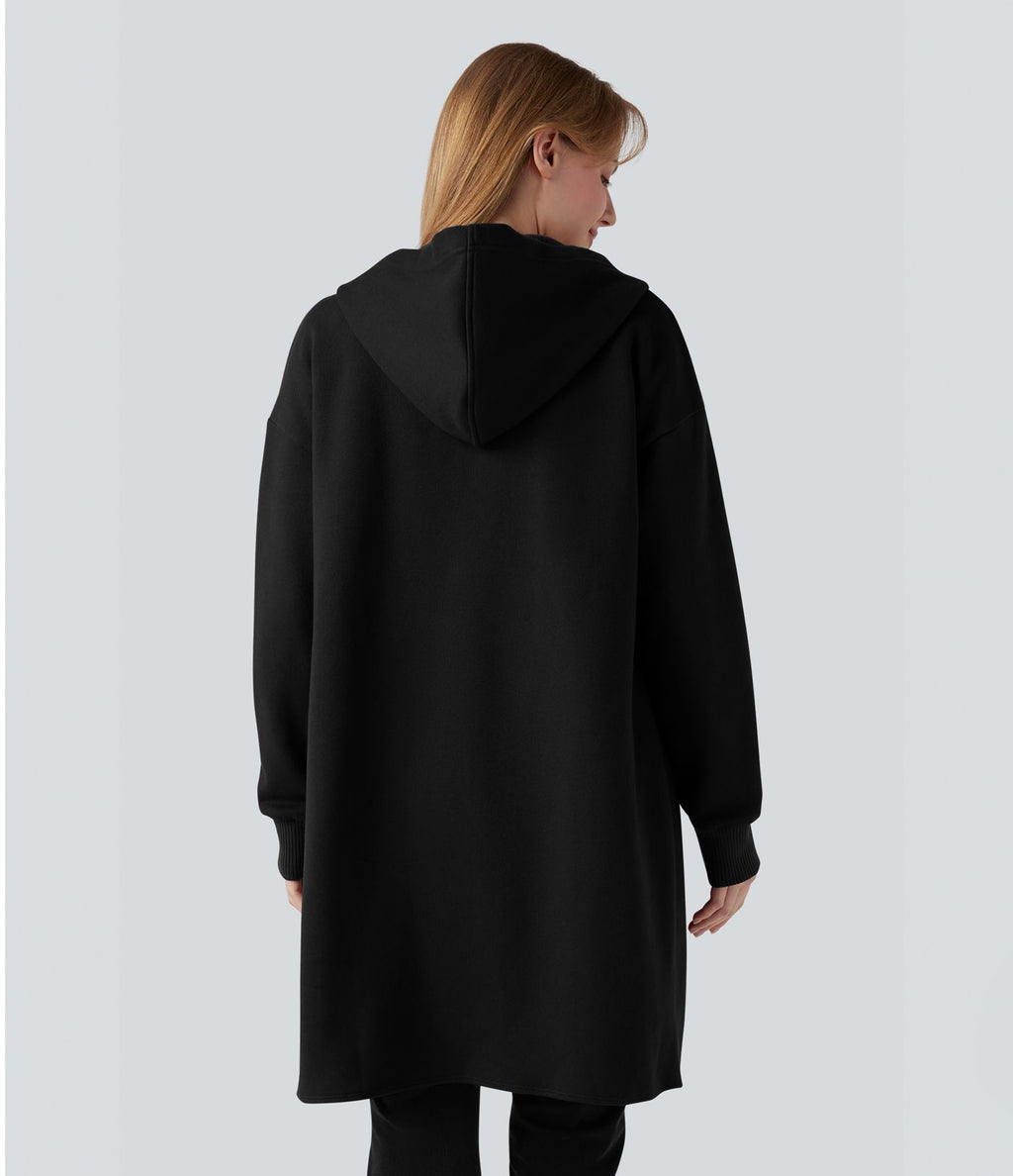 Sweat-shirt long en coton à capuche zippé à manches longues avec ourlet arrondi et poches