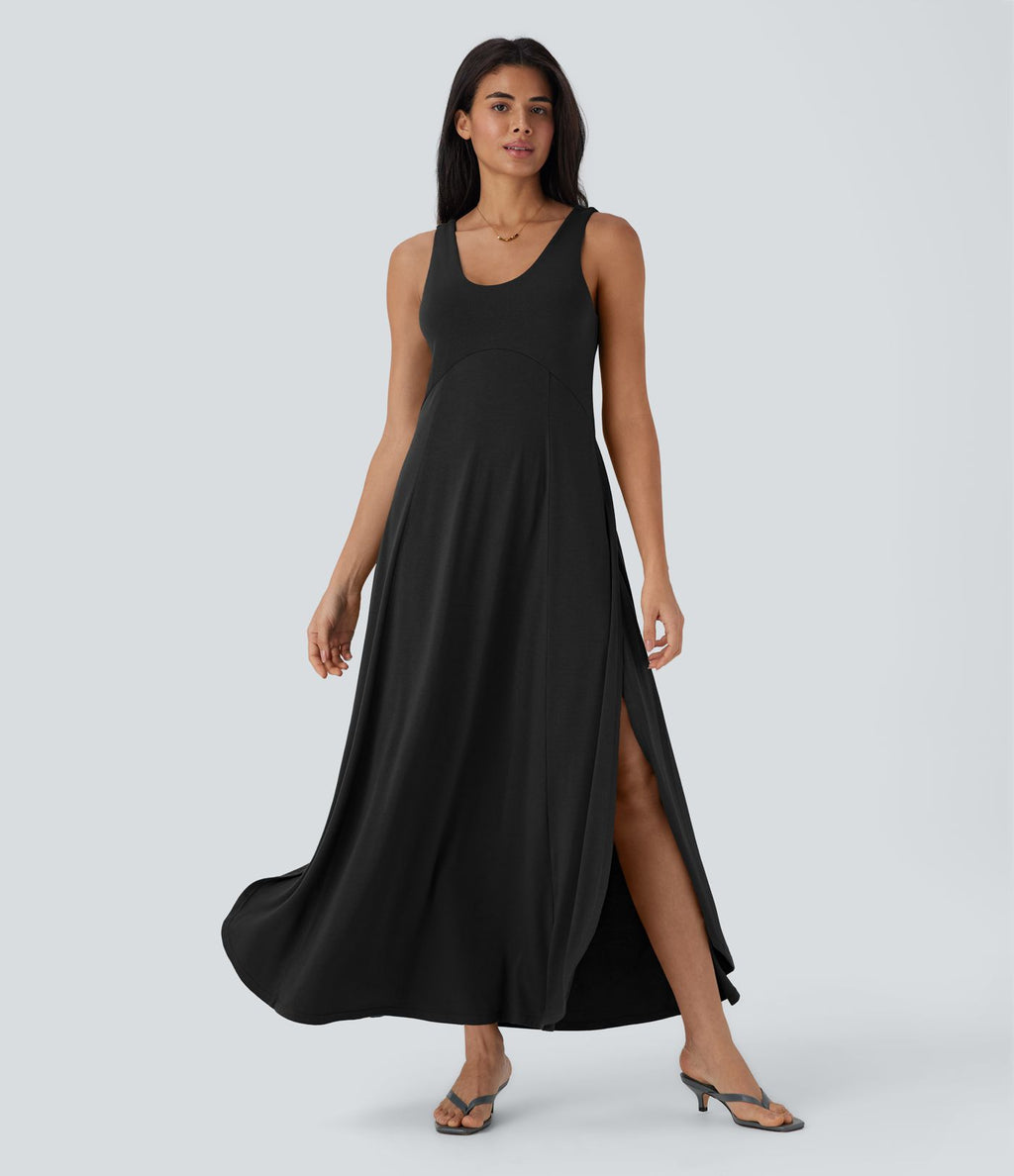 Robe longue à bretelles avec col U, dos nu, fente et coupe fluide