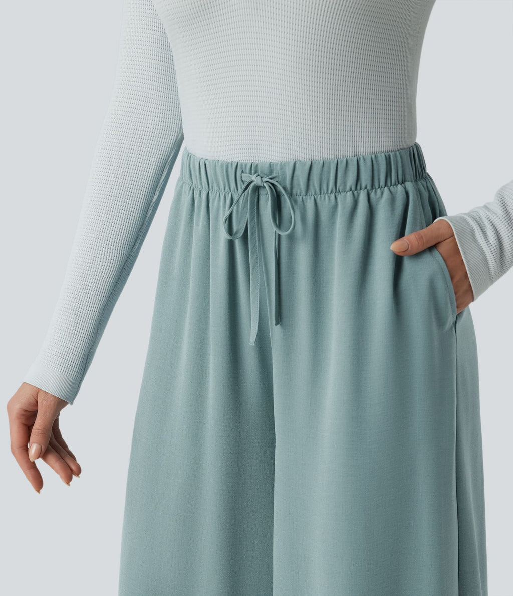 Pantalon large fluide décontracté taille haute effet lin avec cordon de serrage et poches