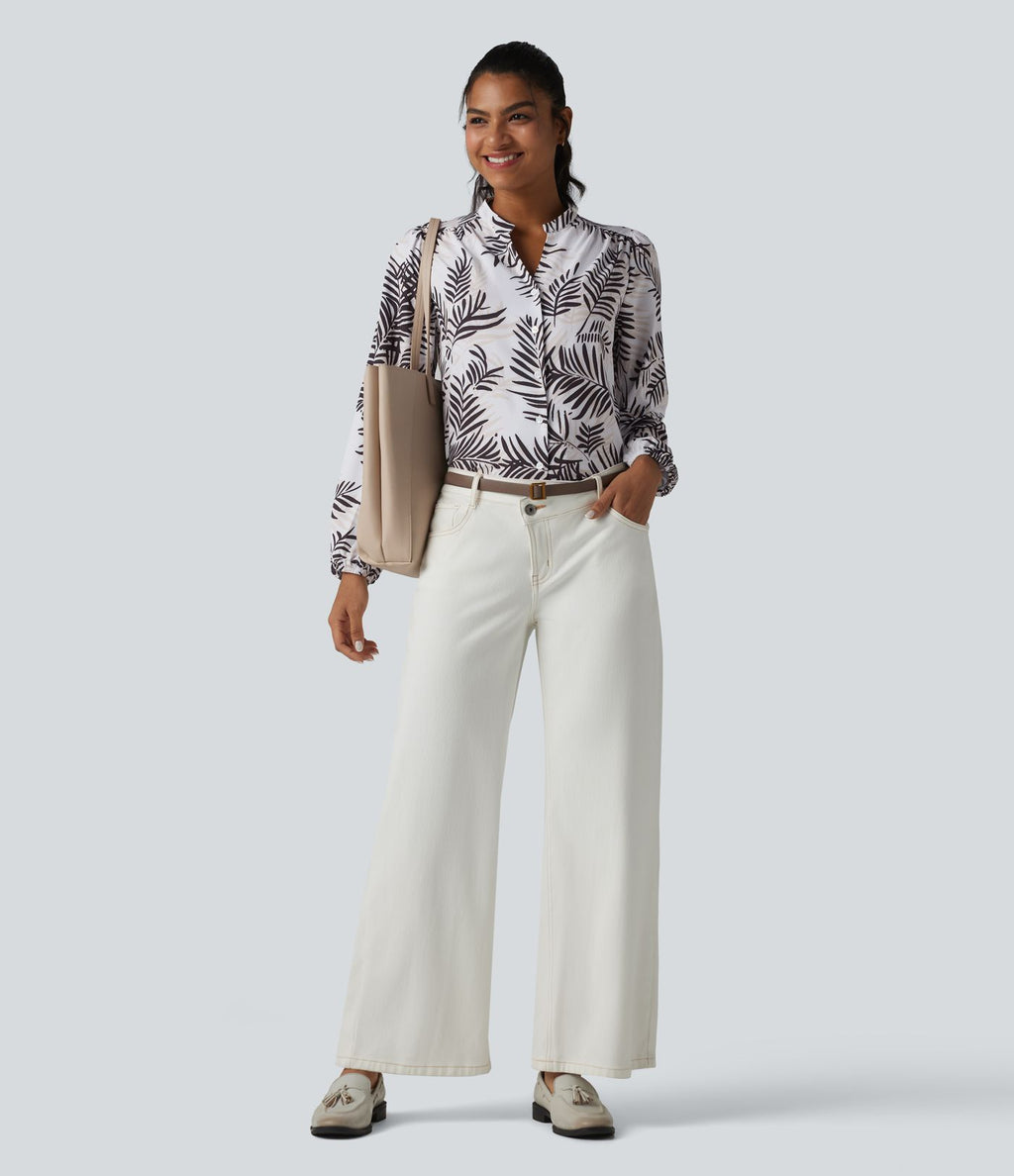 Blouse habillée col V manches longues imprimé tropical botanique