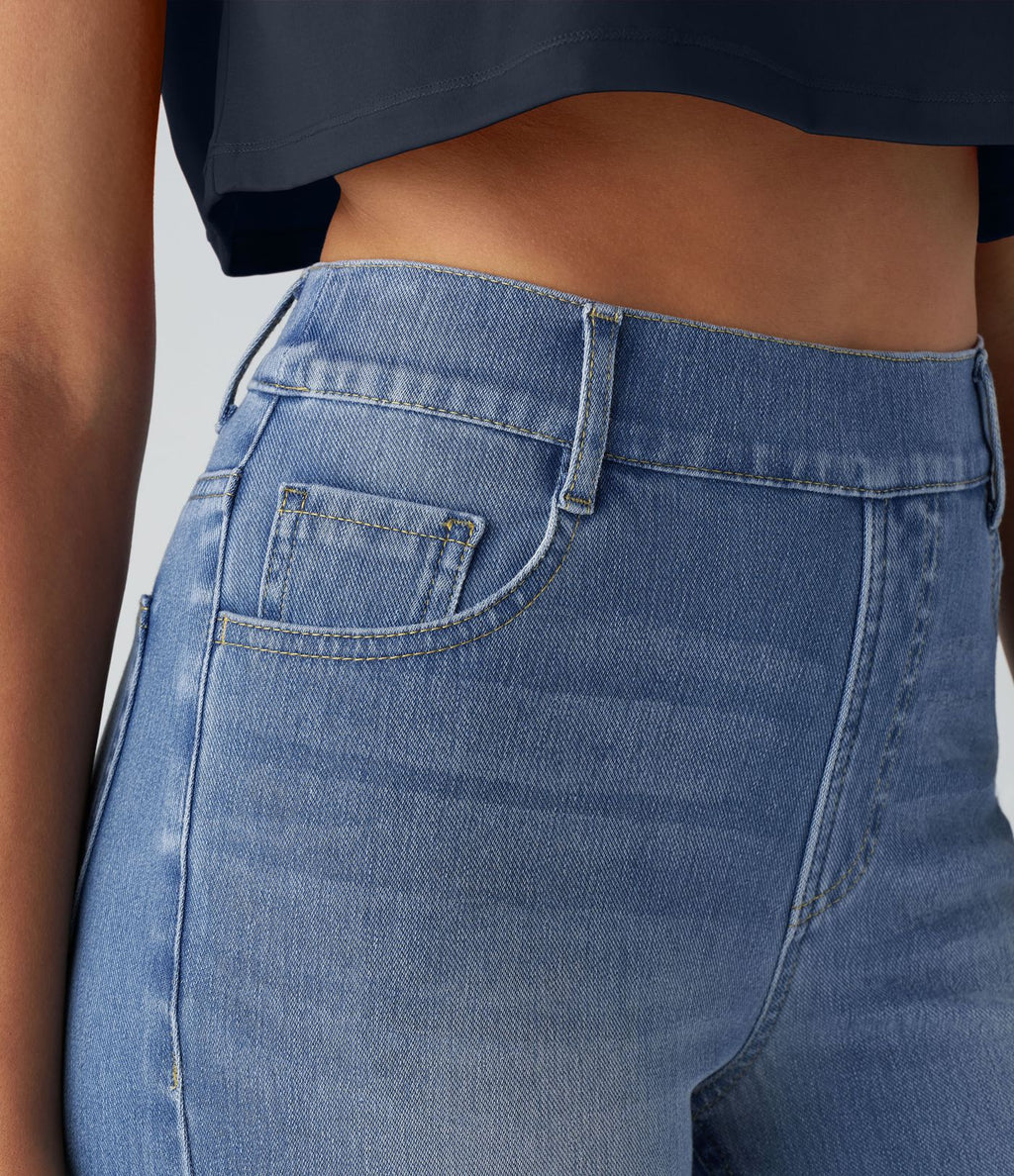 Jean droit Halara Flex™ à taille haute, poches multiples, effet délavé et tissu extensible