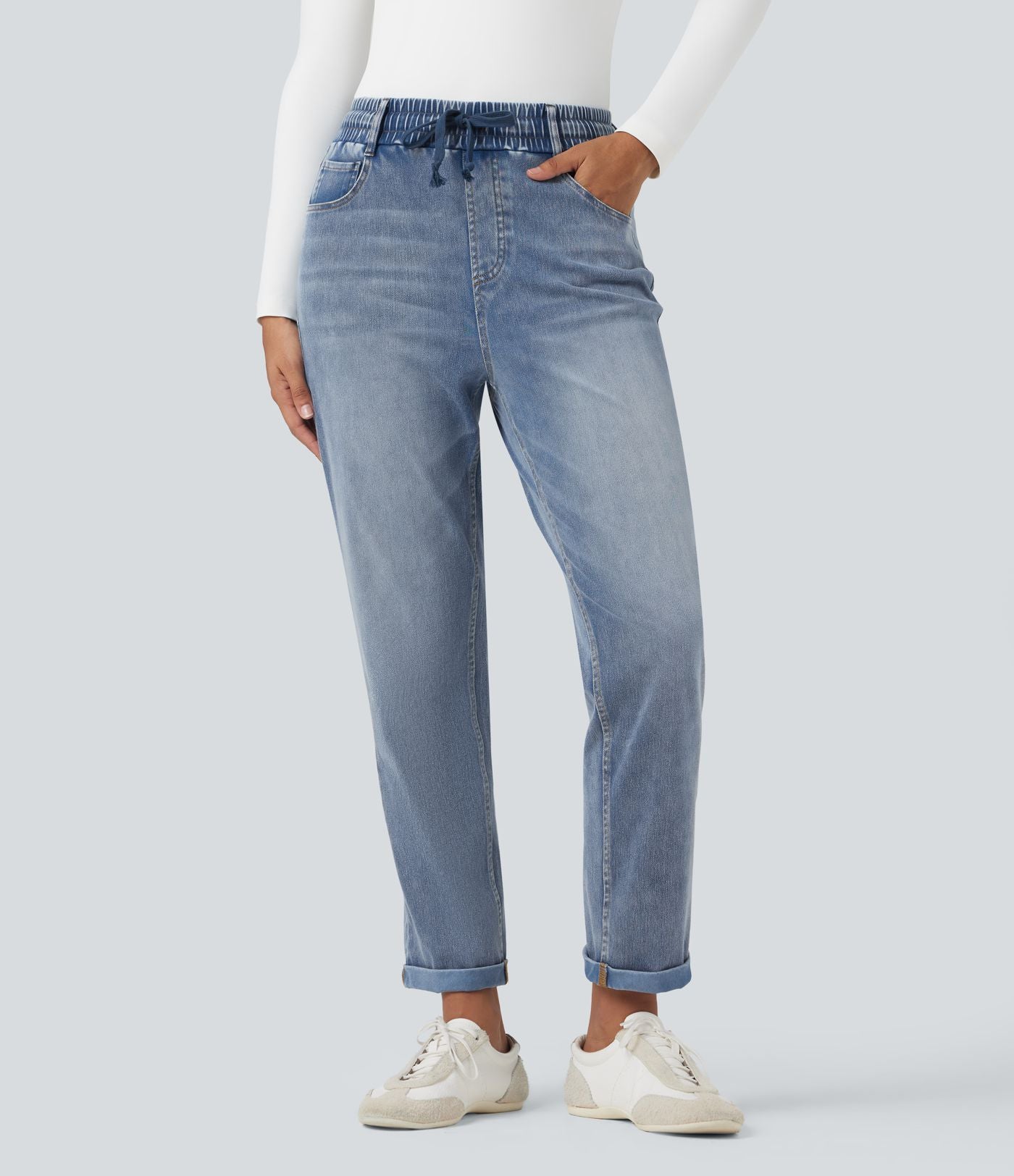 Jean décontracté slim Halara Flex™ taille haute avec cordon de serrage, ourlet retroussé et poches