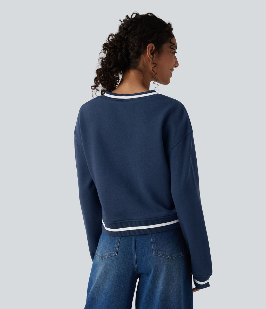 Sweat casual col V manches longues color block en coton