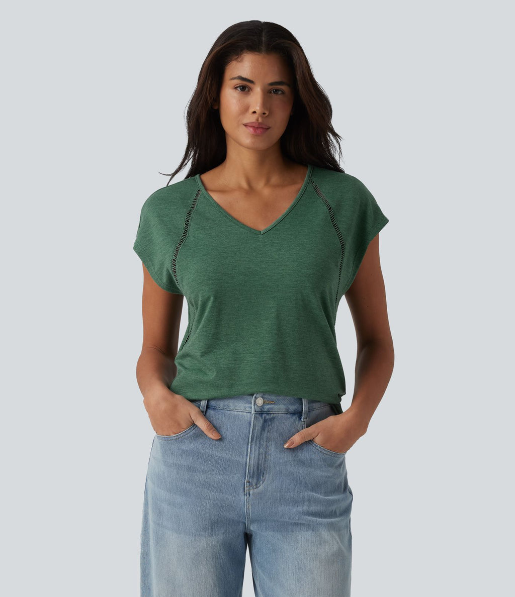 T-shirt casual chiné col V à manches courtes chauve-souris