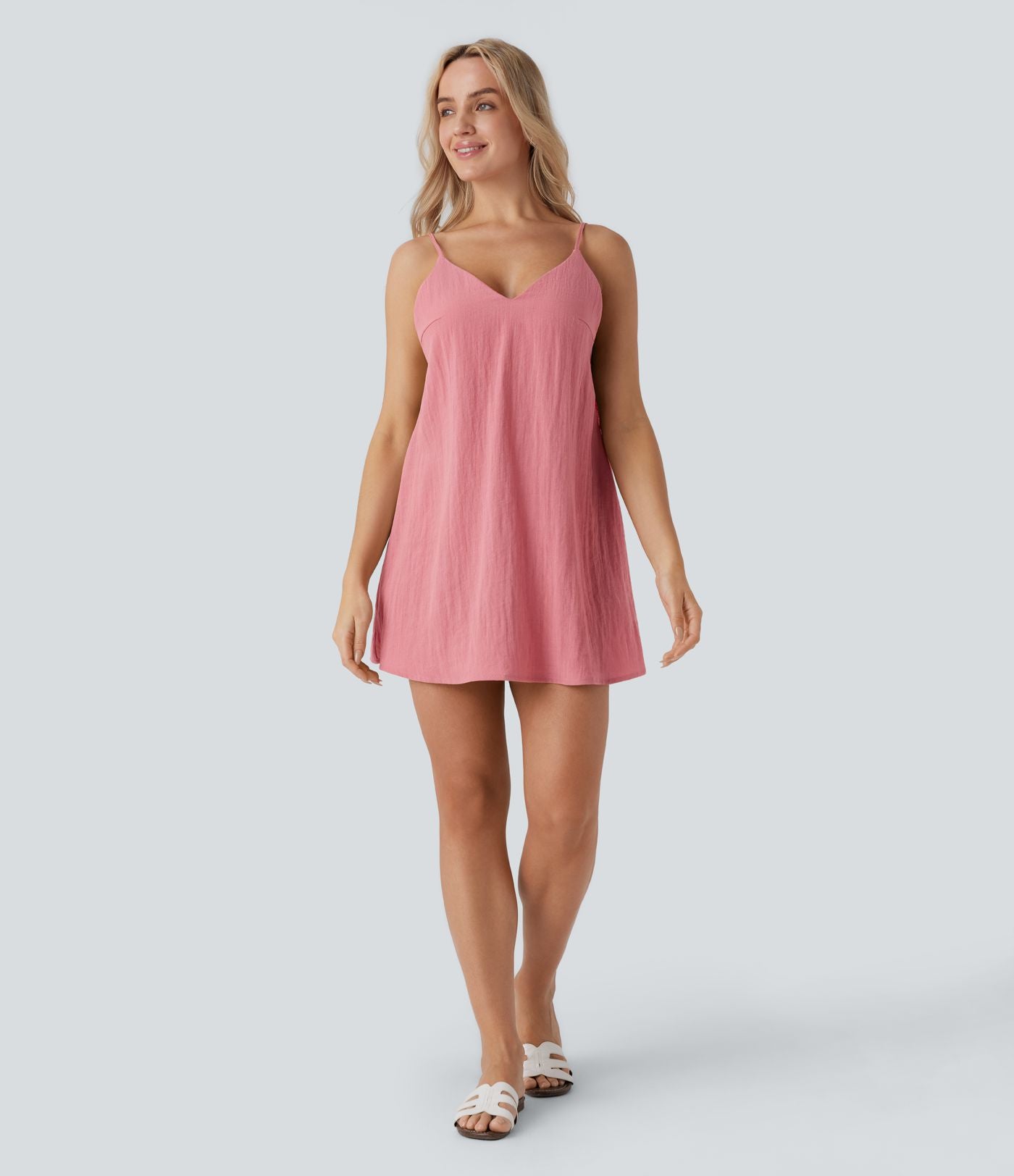 Robe courte aspect lin décolletée en V pour les vacances, à bretelles réglables, dos nu avec lien à nouer et poches latérales