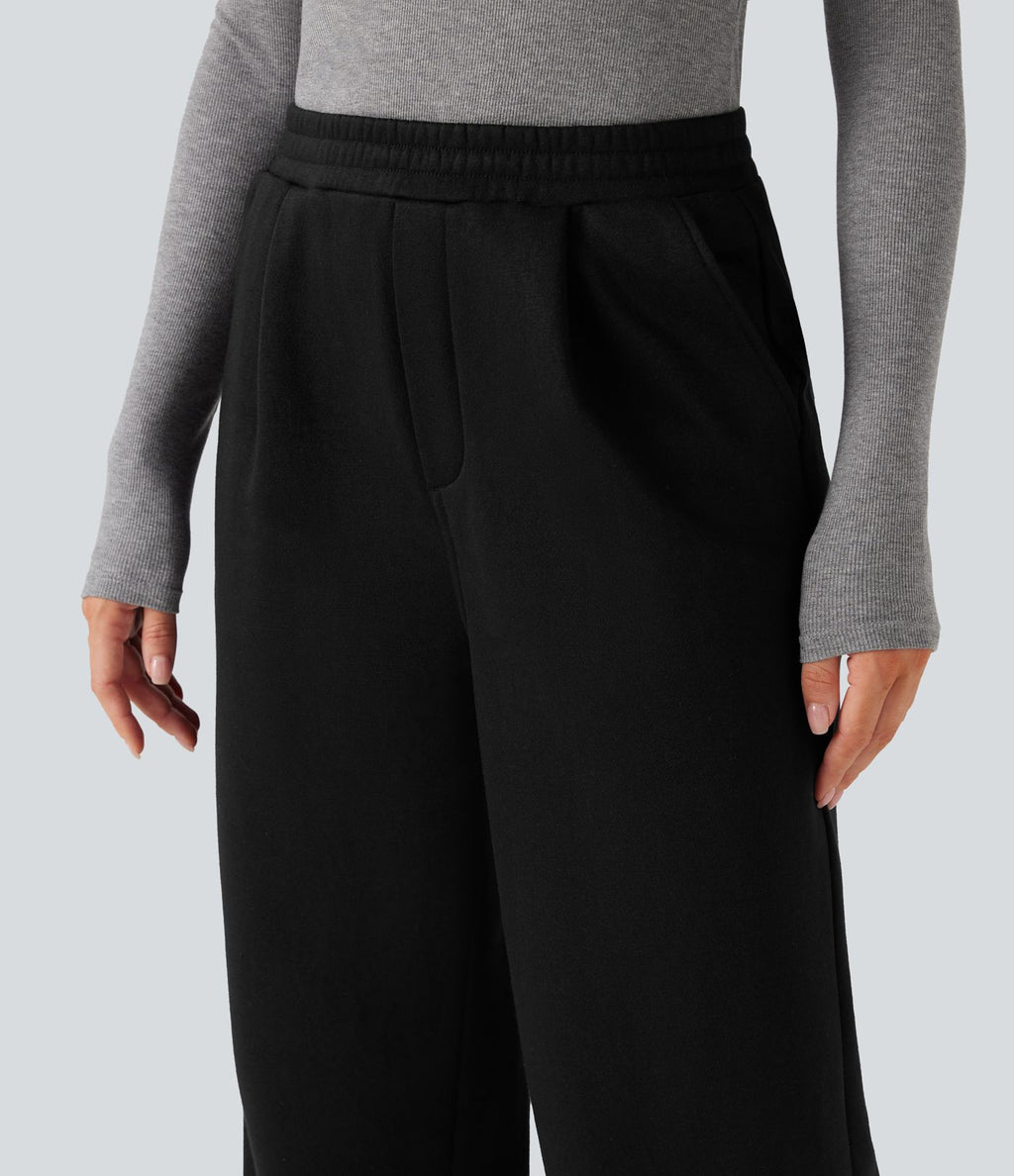 Pantalon jogging tailleur polaire coupe droite taille haute avec poches