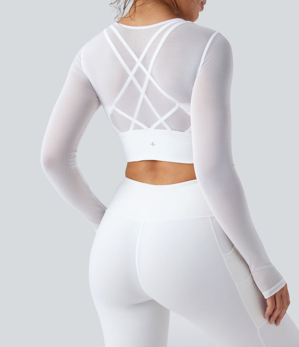 Haut de sport yoga cropped 2-en-1 manches longues mesh contrastant à trous pouces
