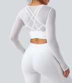 Haut de sport yoga cropped 2-en-1 manches longues mesh contrastant à trous pouces