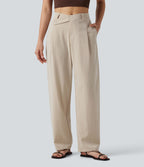 Pantalon tailleur asymétrique effet lin, taille moyenne, coupe ballon, à poches
