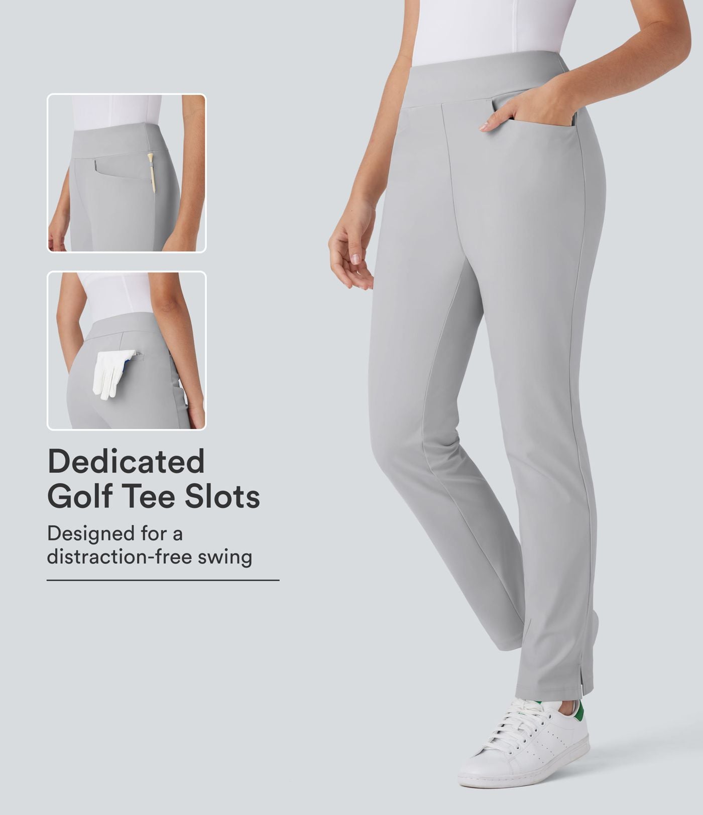 Pantalon de golf taille moyenne à séchage rapide avec multiples poches, fentes et coupe fuselée-Poche pour tee de golf-UPF40+