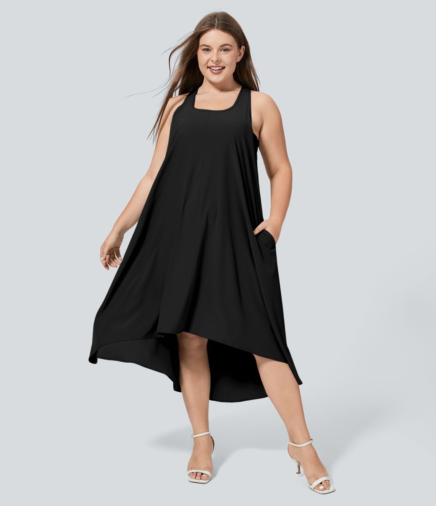 Breezeful™ Dos Nu Racerback Poche Latérale Haut Bas Fluide Midi Séchage Rapide Décontracté Robe Grande Taille