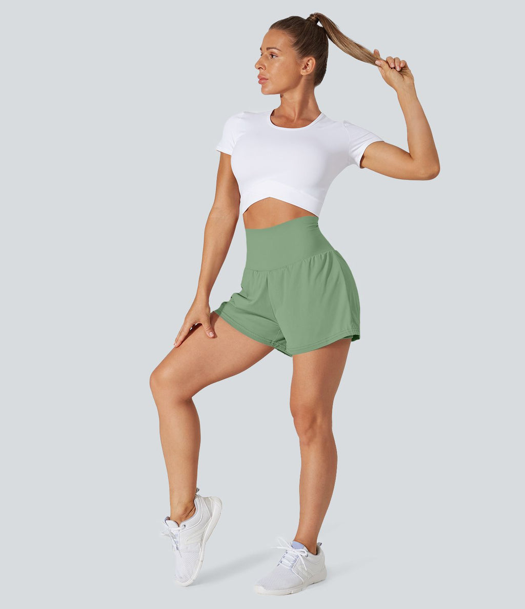 Short 7,5cm Yoga 2 en 1 Super Taille Haute Poches Arrière Poches Cachées Latérales