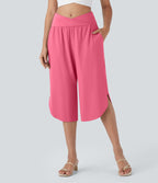 Pantalon capri de vacances Breezeful™ taille haute croisée avec poches latérales, fente et séchage rapide