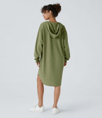 Robe Sweatshirt Casual à Capuche avec Cordon Poches Latérales Ourlet Courbé Asymétrique Oversize Mini en Tissu Gaufré