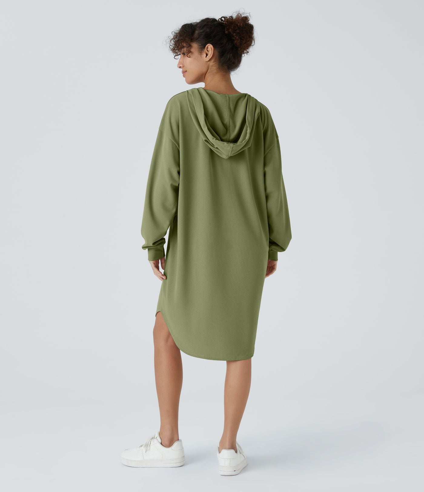 Robe Sweatshirt Casual à Capuche avec Cordon Poches Latérales Ourlet Courbé Asymétrique Oversize Mini en Tissu Gaufré