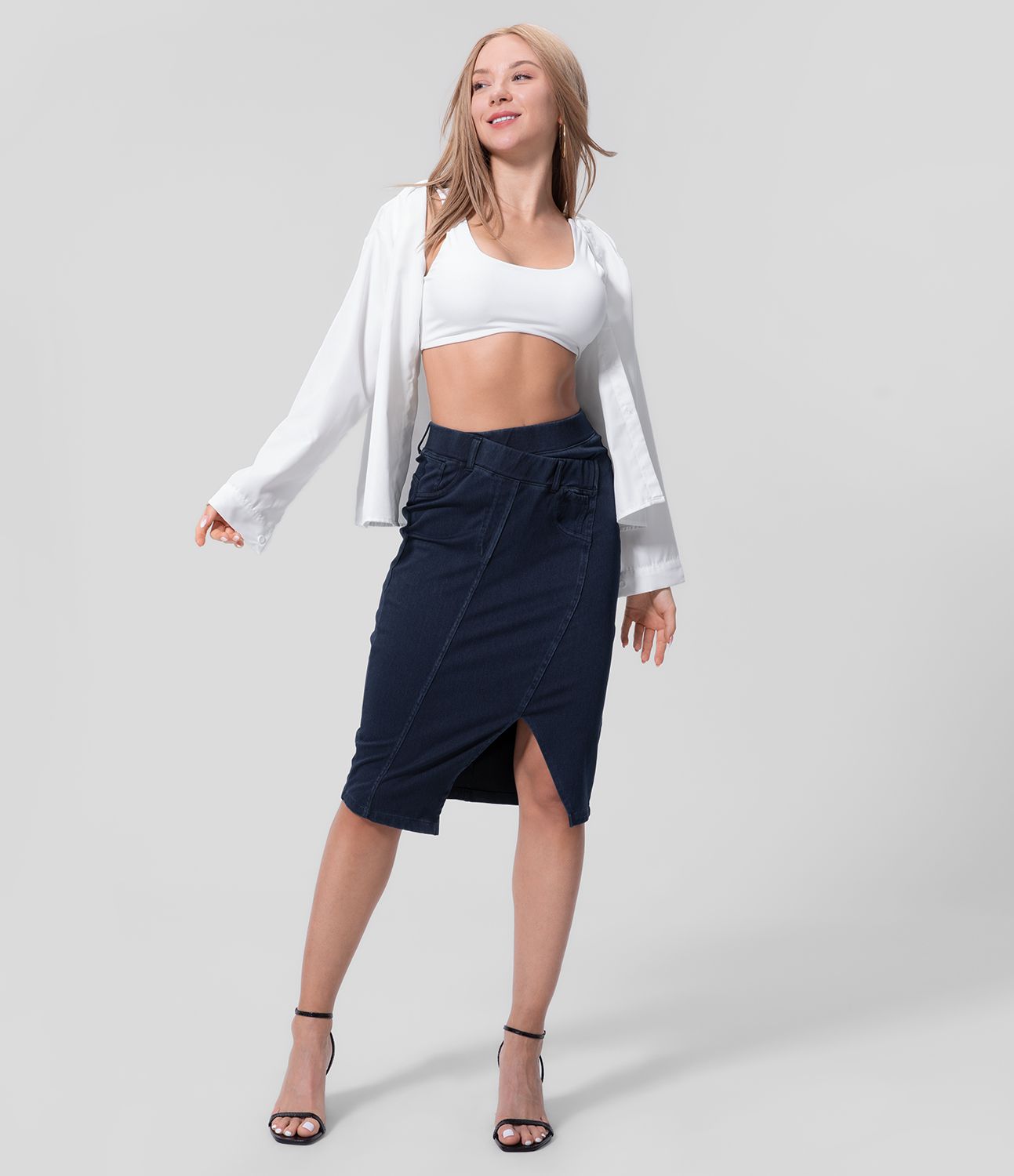 Halara Flex™ Jupe Midi Casual Taille Haute avec Ourlet Fendu en Denim Tricoté Élastique