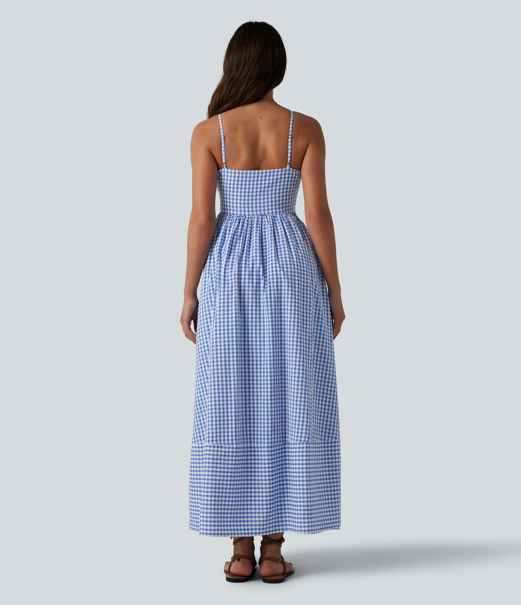 Robe longue fluide décontractée à bretelles motif vichy avec fermeture éclair invisible et poches