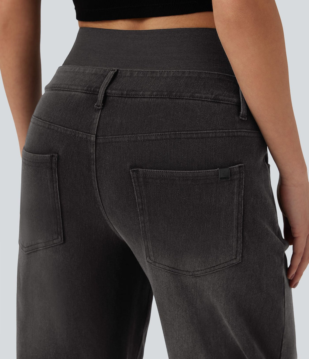 Jean large délavé Halara Flex™ taille haute gainant avec poches