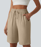 Short décontracté taille haute en lin mélangé avec cordon de serrage et poches, 25 cm