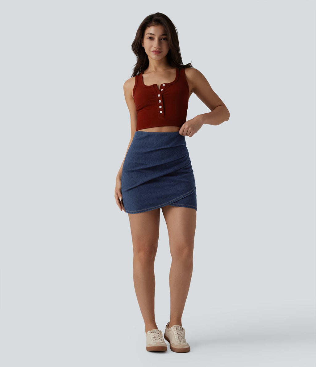 Jupe mini moulante décontractée Halara Flex™ en denim taille haute froncée ourlet croisé