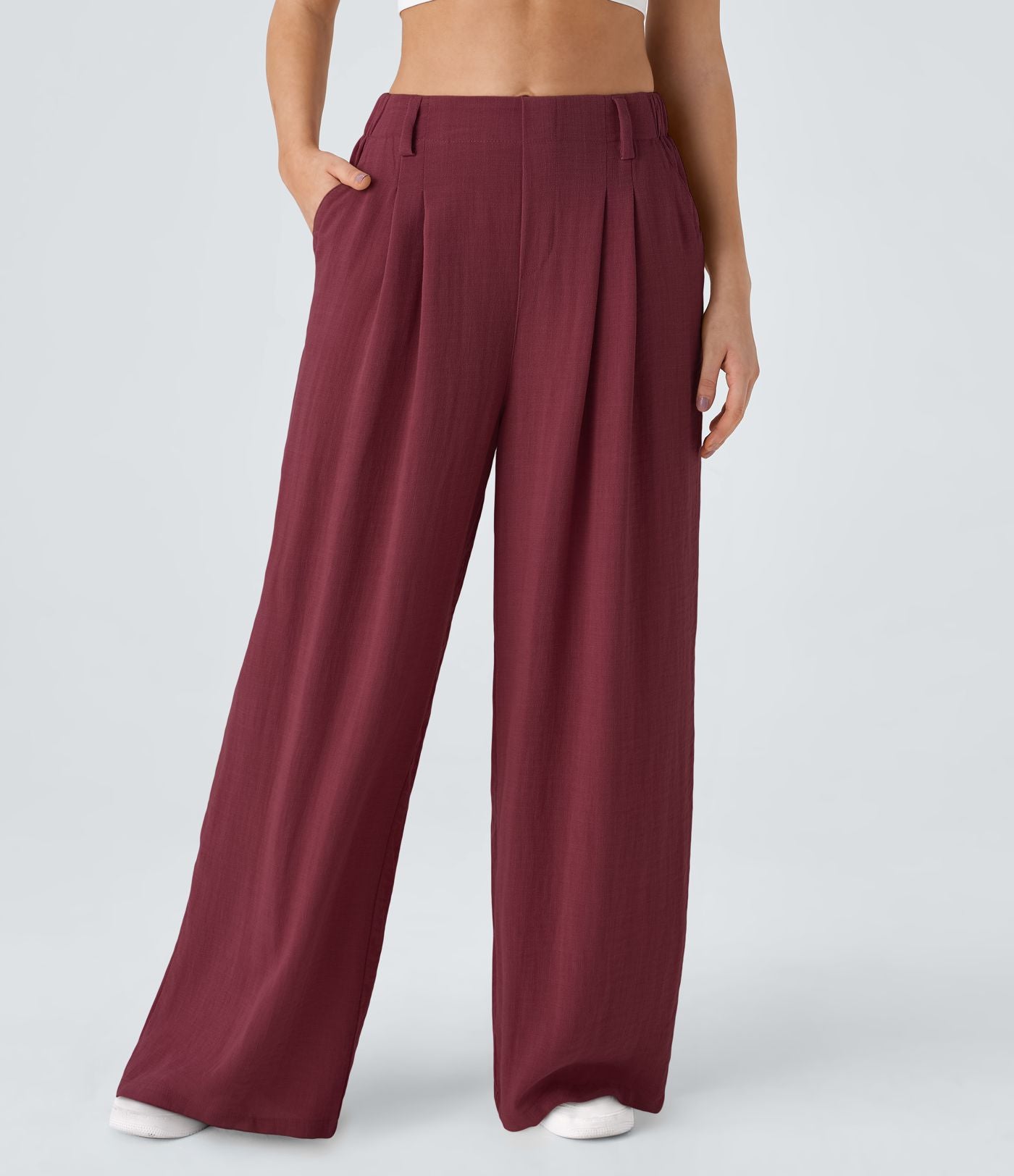 Pantalon Fluide Large Taille Haute Poches Latérales Palazzo Solide Casual Linen-Feel