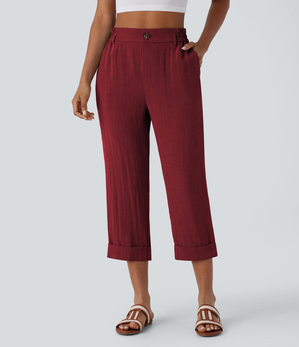 Pantalon capri effet lin taille haute avec poches zippées