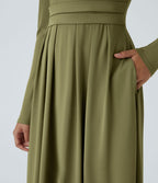 Robe longue décontractée à col montant, manches longues, plissée, avec poches latérales et coupe évasée