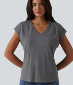 T-shirt casual chiné col V à manches courtes chauve-souris