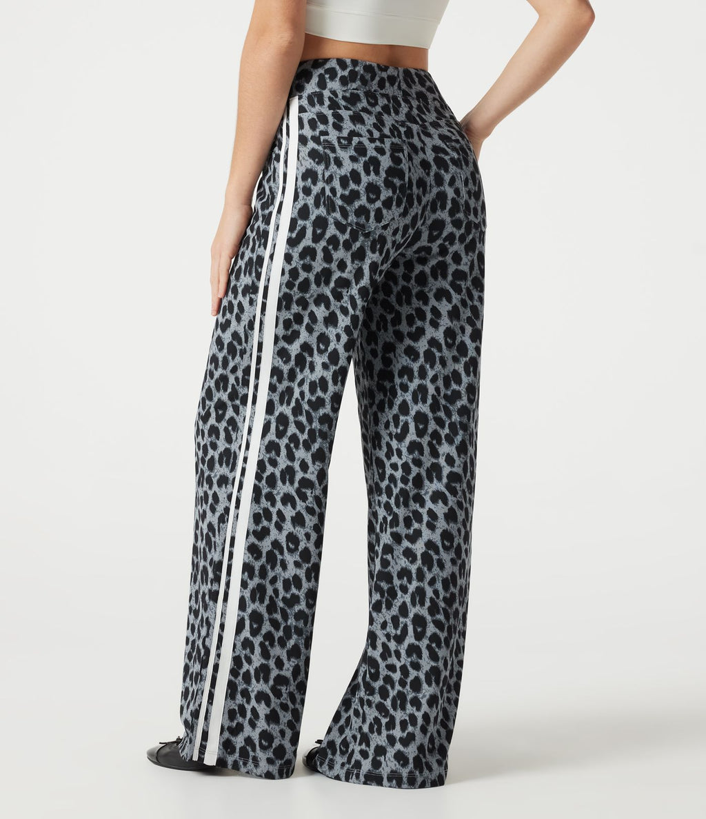 Pantalon léopard décontracté ample color block, taille haute, en tissu gaufré, à poches