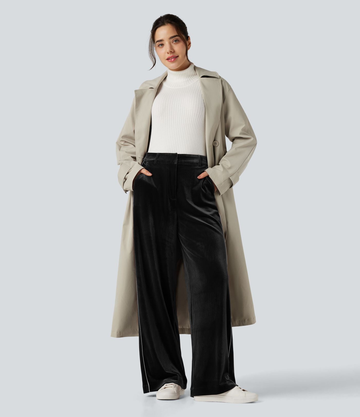 Pantalon velours color block coupe droite taille haute avec poches