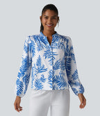 Blouse habillée col V manches longues imprimé tropical botanique