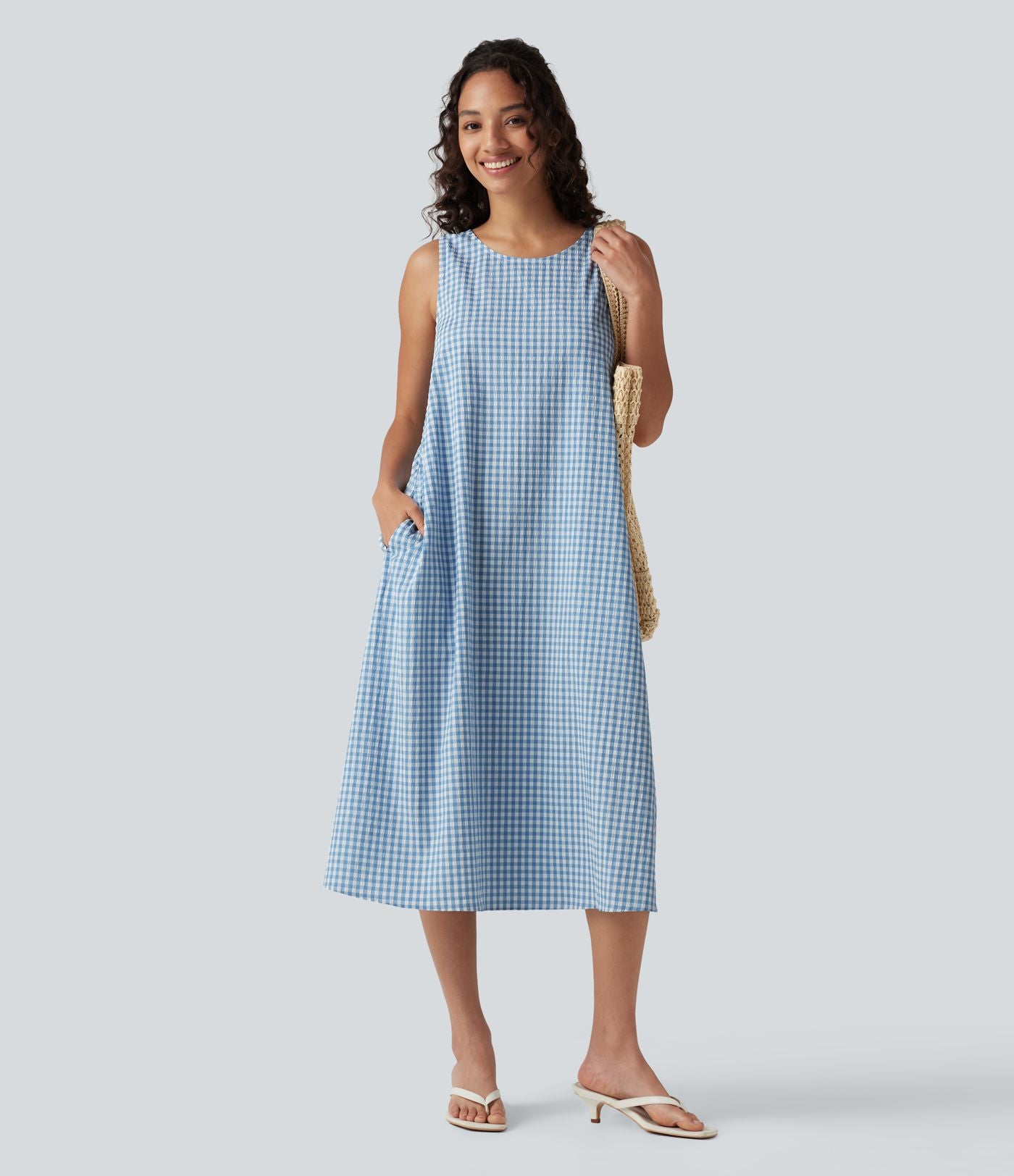 Robe débardeur midi décontractée en vichy froissé, col rond, sans manches, à poches