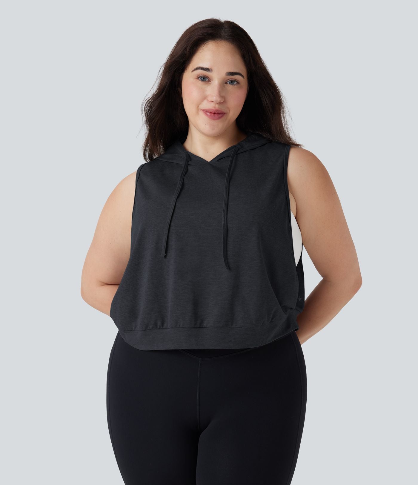 Débardeur de course grande taille crop top à capuche sans manches avec cordon de serrage