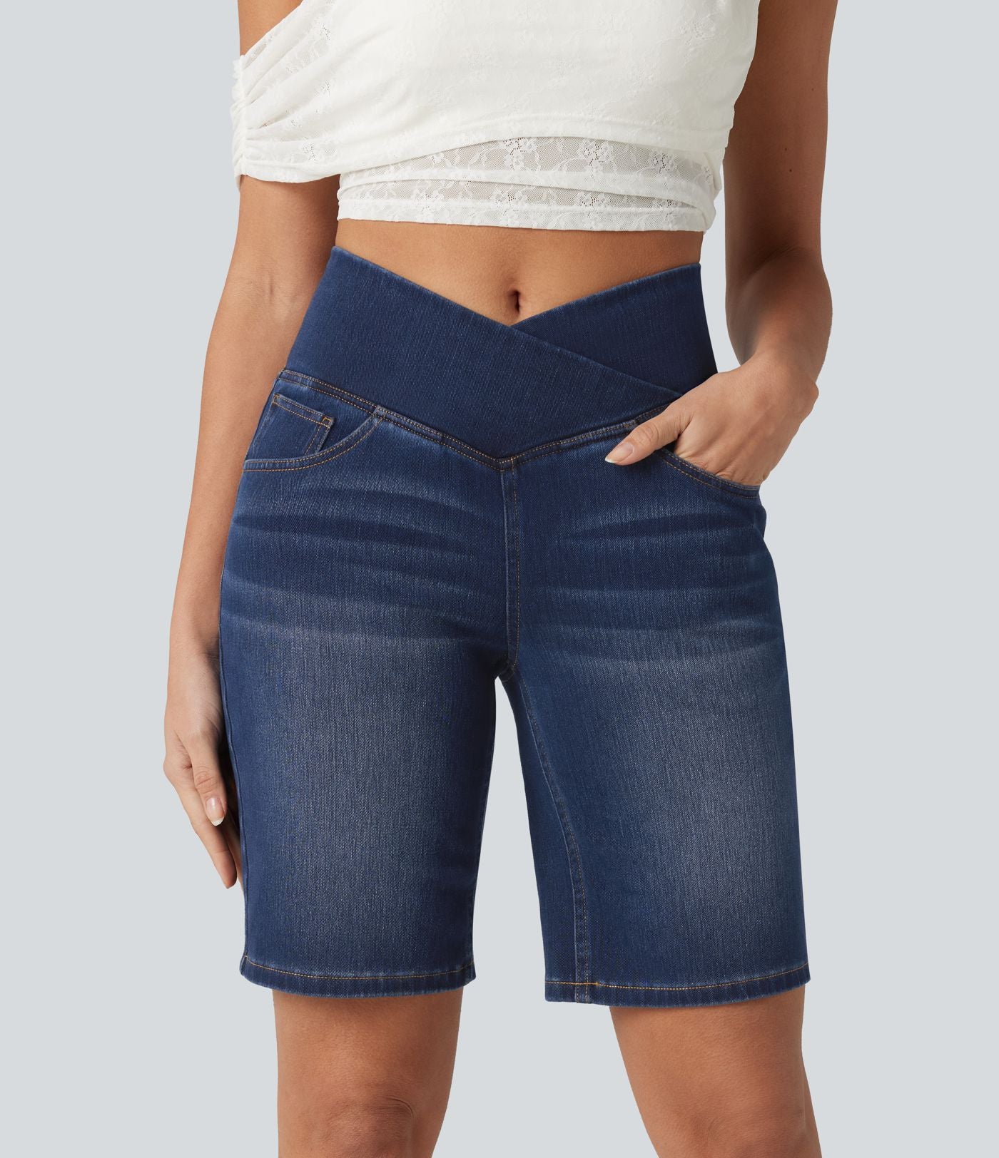 Short en jean Halara Flex™ casual gainant taille haute croisée avec poches