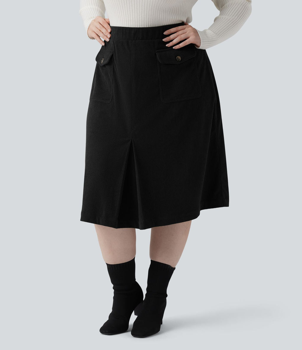 Jupe décontractée grande taille mi-longue en velours côtelé taille mi-haute avec poches