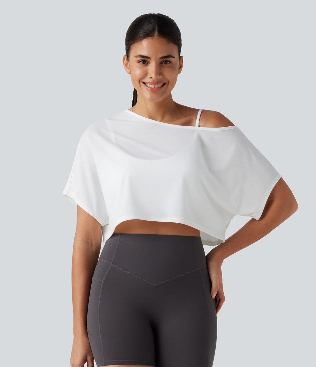 Haut de yoga court à une épaule, manches courtes, brassière intégrée, séchage rapide