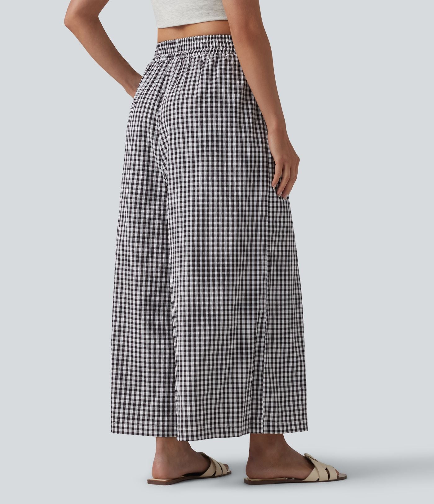 Pantalon casual baggy à carreaux taille haute avec poches