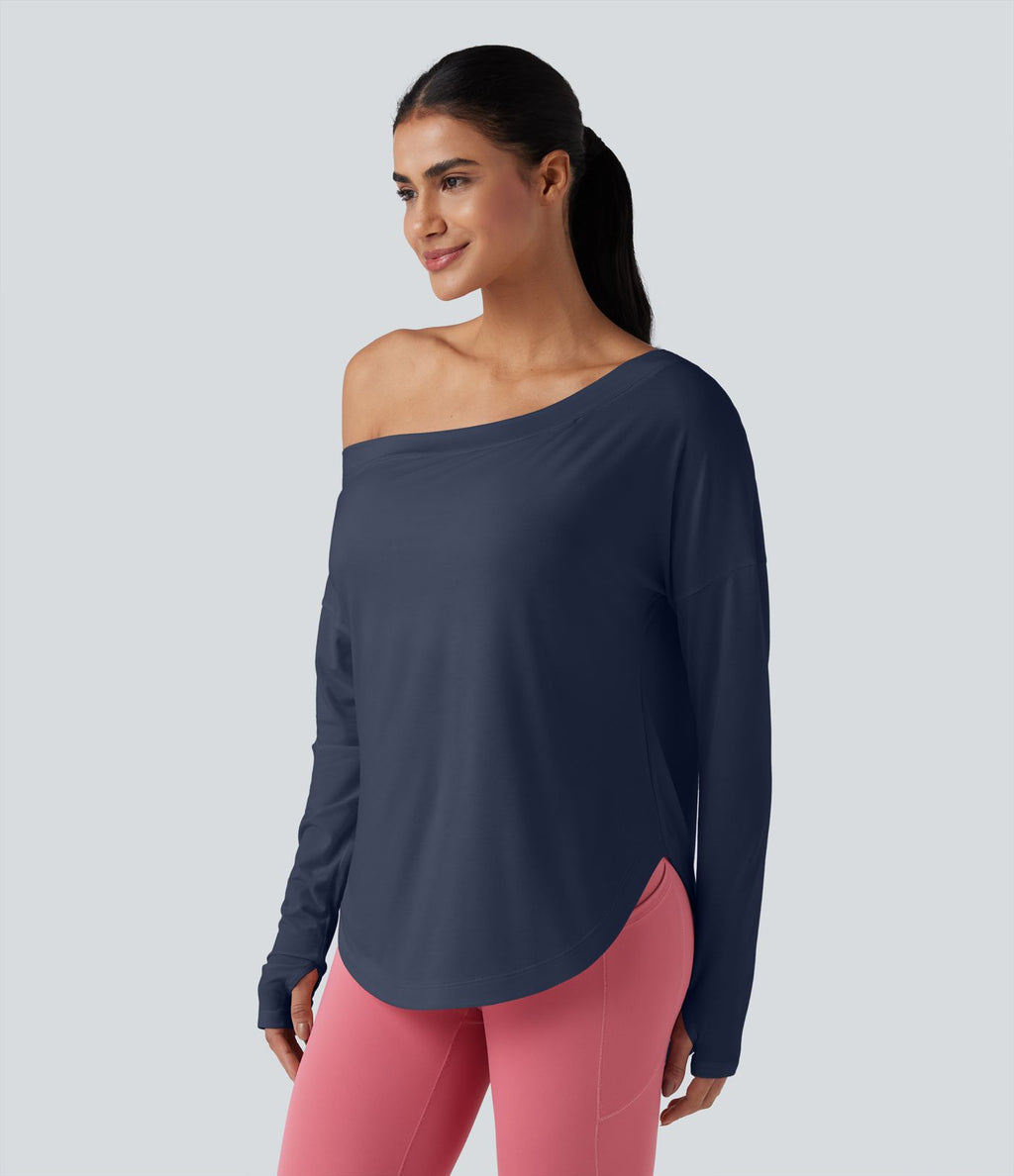 Top de sport yoga une épaule séchage rapide ourlet arrondi asymétrique manches longues avec trous pouces - Brassière intégrée
