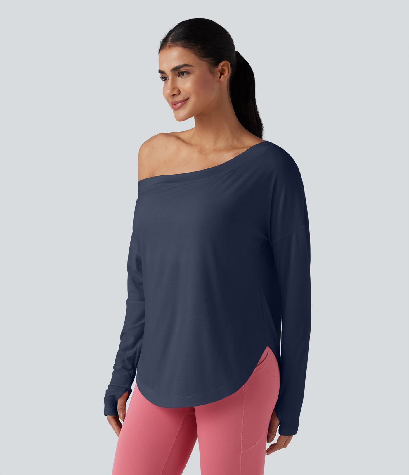 Top de sport yoga une épaule séchage rapide ourlet arrondi asymétrique manches longues avec trous pouces - Brassière intégrée