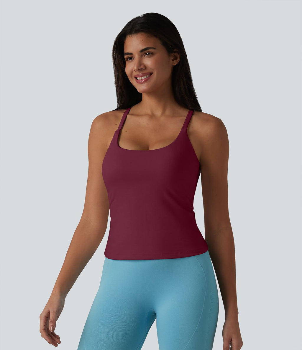 Caraco de yoga col rond échancré à dos croisé et ourlet croisé avec brassière intégrée — Bonnets E-G