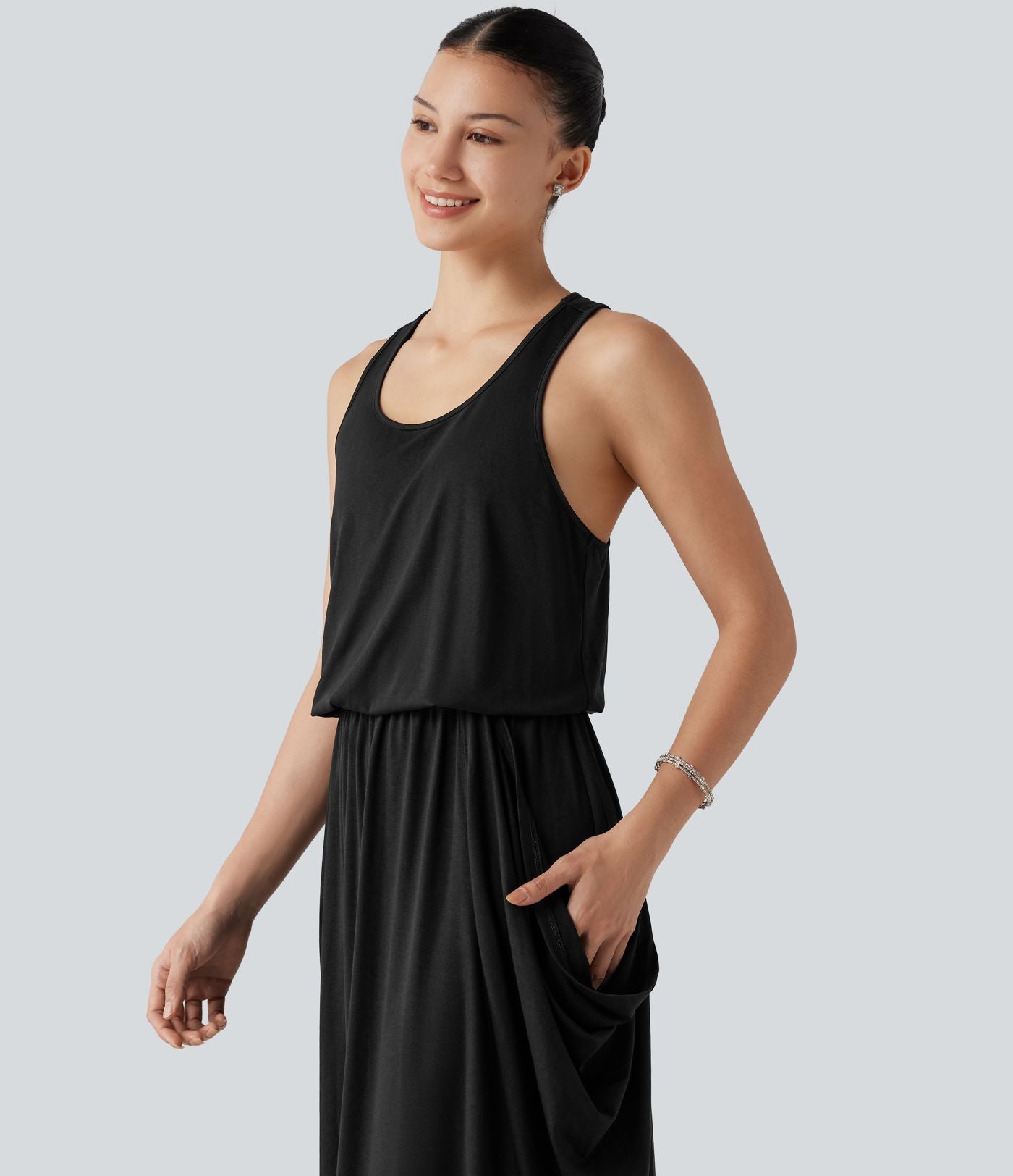 Robe longue casual drapée sans manches à dos ajouré avec poches