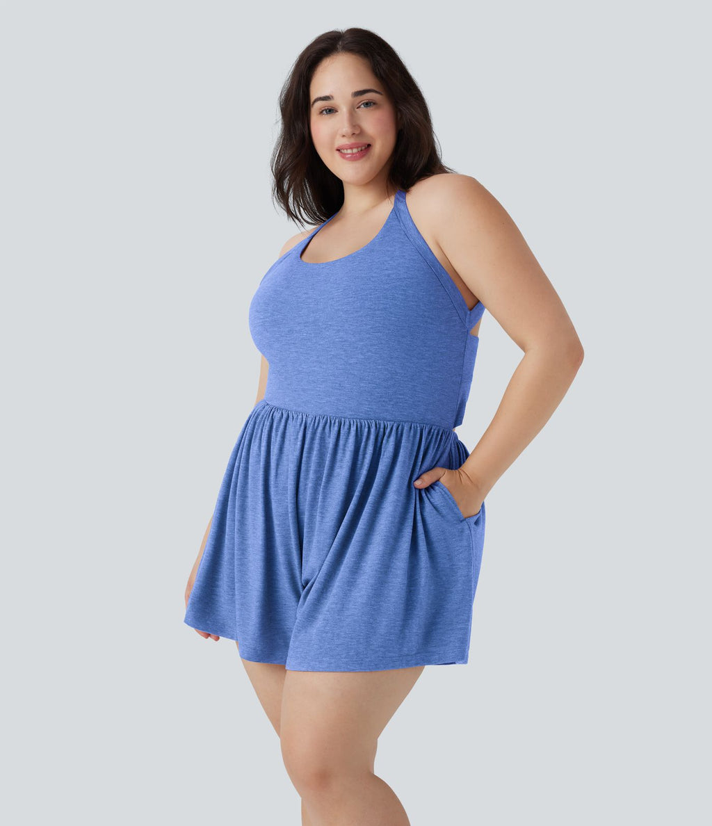 Combinaison-short de séjour grande taille 2-en-1 dos nu torsadée avec poches - Easy Peasy Edition