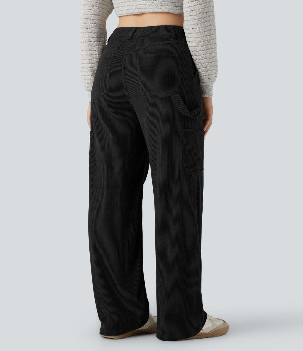 Pantalon décontracté droit en velours côtelé, taille haute, avec poches