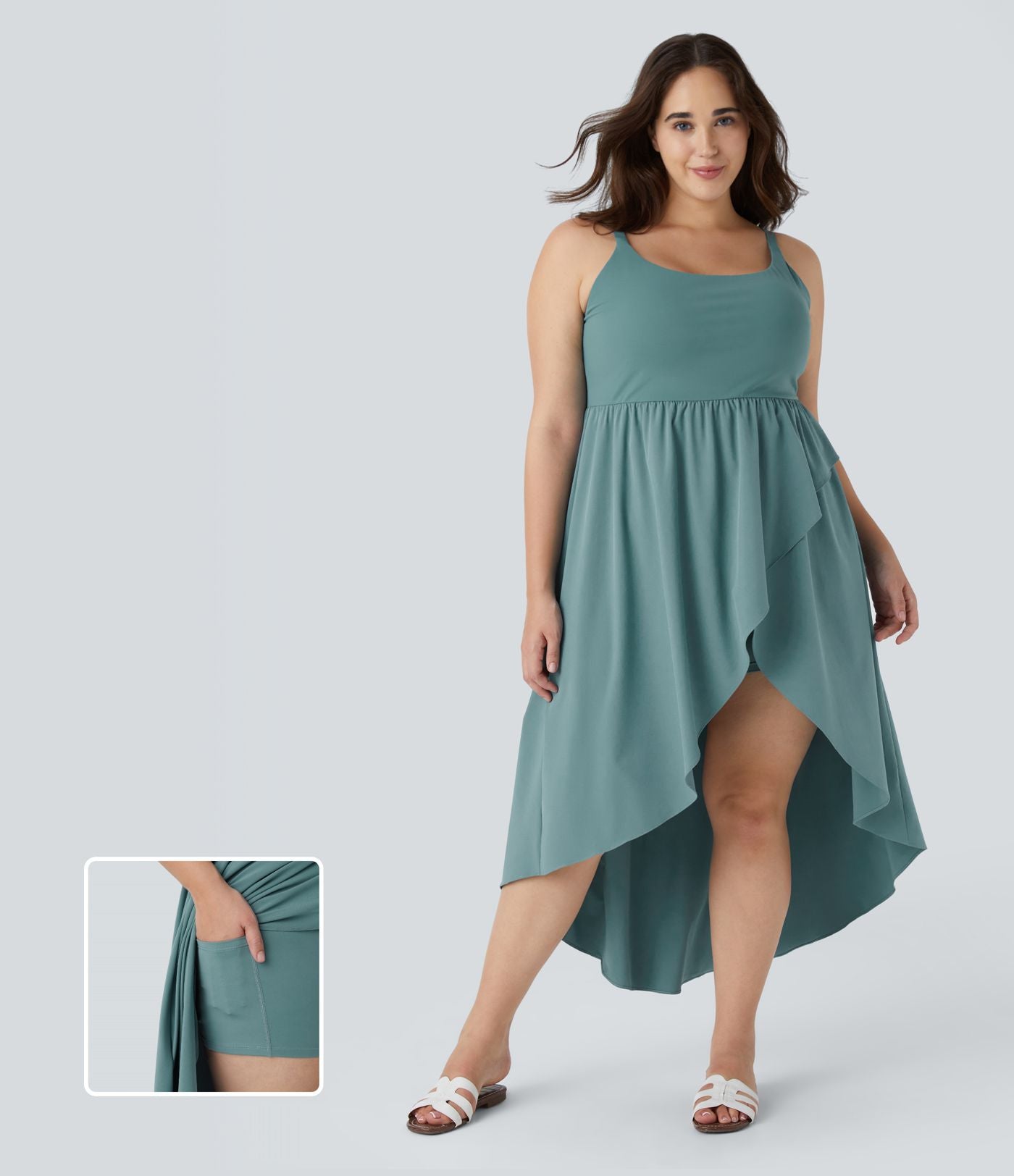 Breezeful ™ Dos Nu Asymétrique Ourlet Croisé 2 Pièces Poche Latérale Fluide Midi Séchage Rapide Casual Robe Grande Taille
