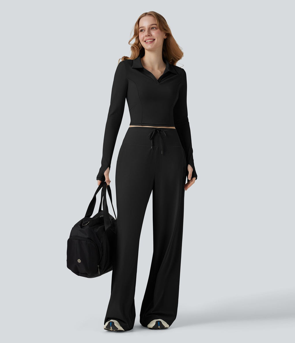 Top de sport tennis SoftlyZero™ Plush court col polo manches longues avec trous pouces