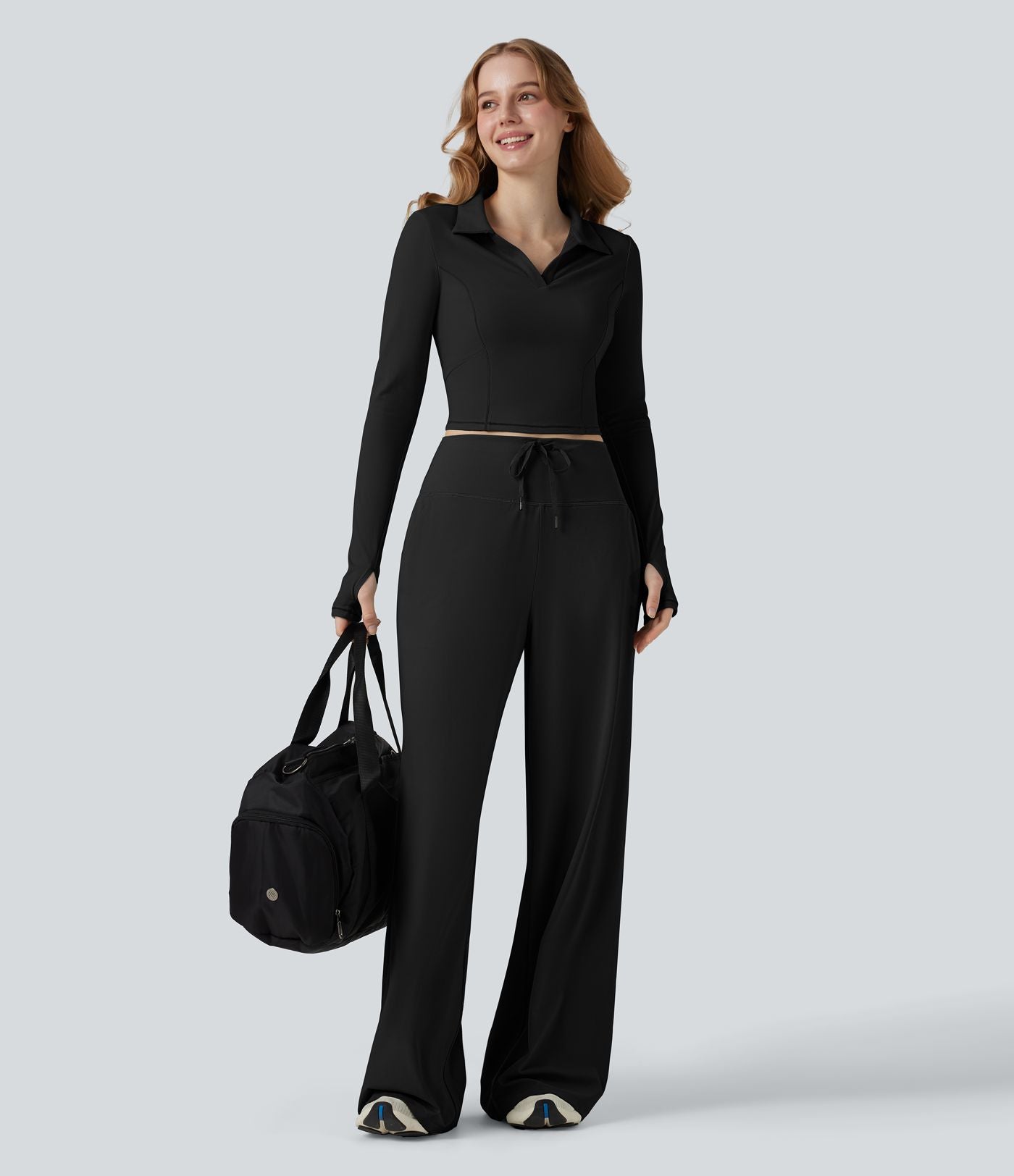 Top de sport tennis SoftlyZero™ Plush court col polo manches longues avec trous pouces