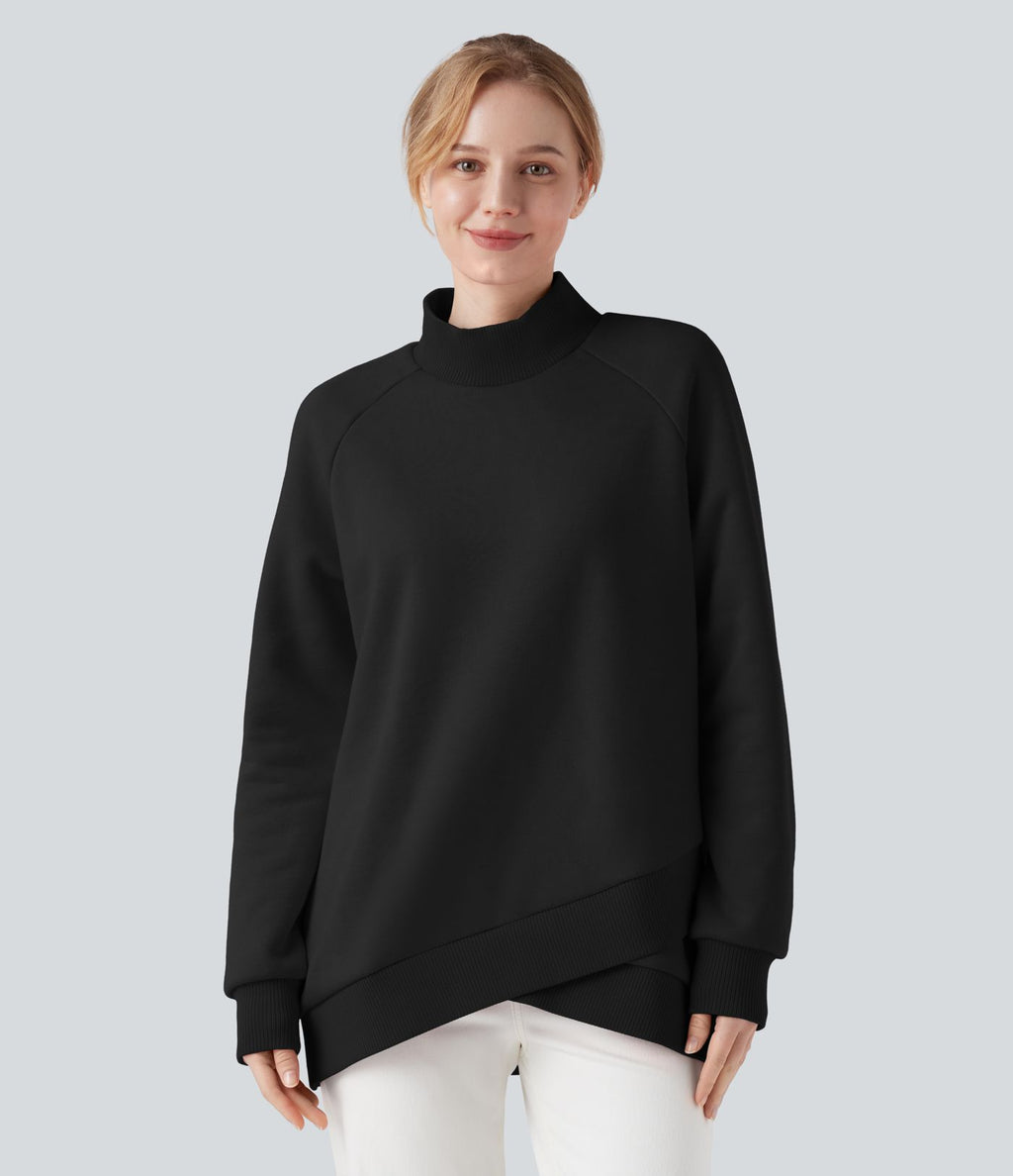 Sweat décontracté polaire col montant à manches raglan et ourlet croisé