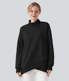 Sweat décontracté polaire col montant à manches raglan et ourlet croisé